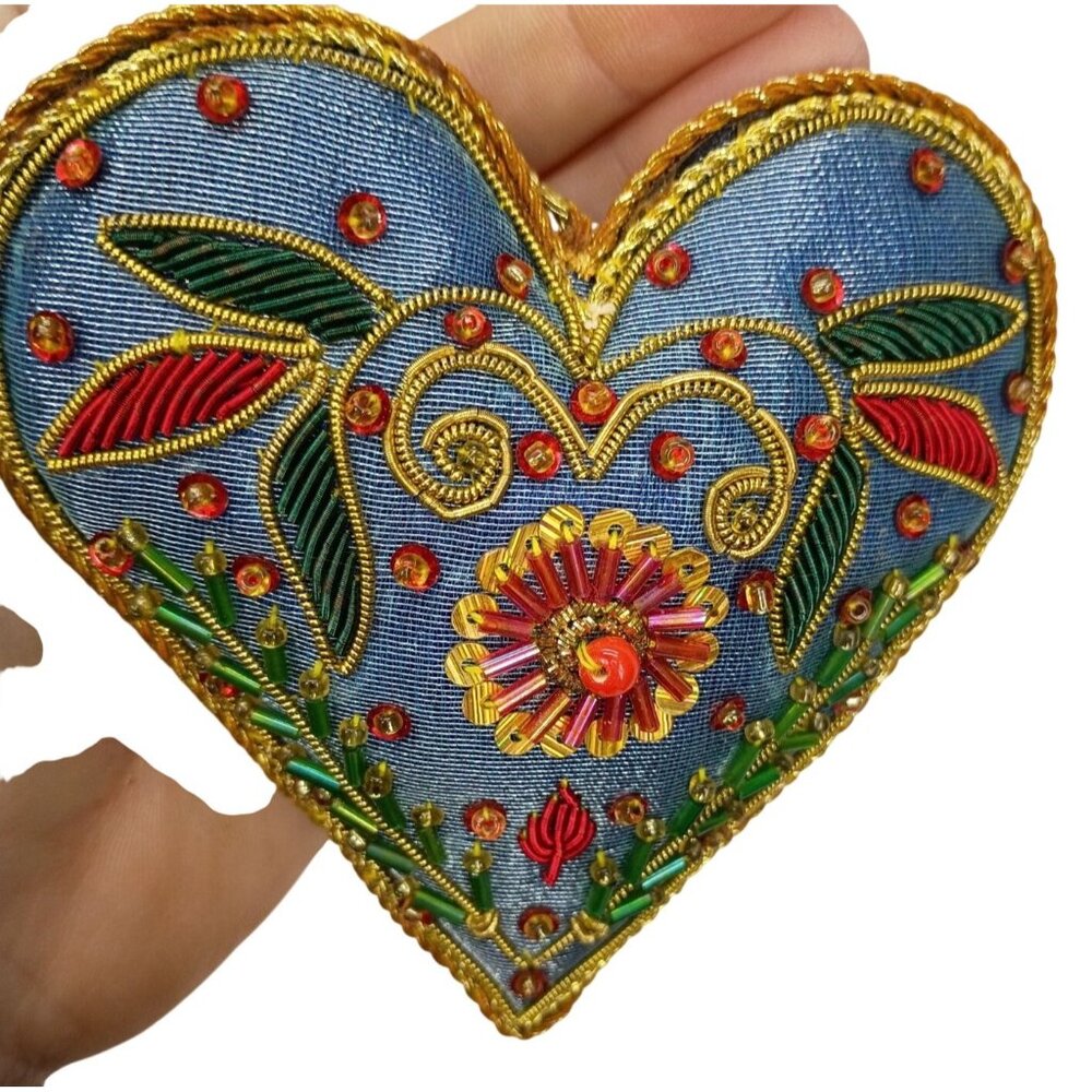 Embroidered Heart Ornament With Blue Fabric Gold‎ Trim & Colorful Beads Handmade